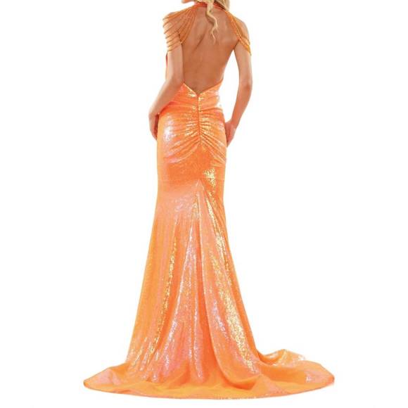 NEW COLORS DRESS halter beaded prom gown in orange - Picture 2 of 3